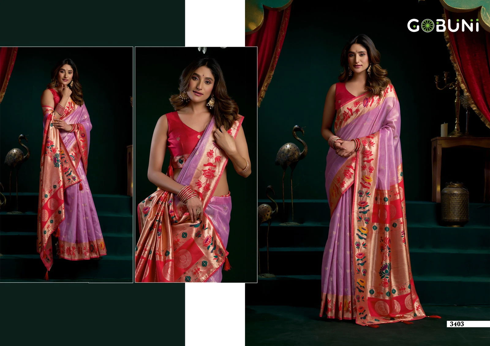 Gobuni Seerat Tissue Paithani with Lotus Zari Border Saree Collection
