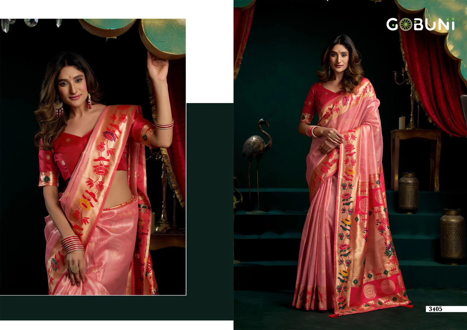 Gobuni Seerat Tissue Paithani with Lotus Zari Border Saree Collection