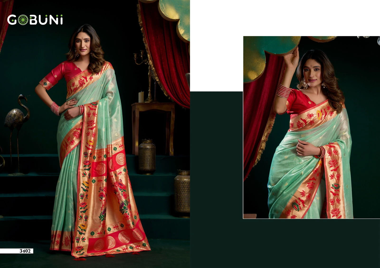 Gobuni Seerat Tissue Paithani with Lotus Zari Border Saree Collection