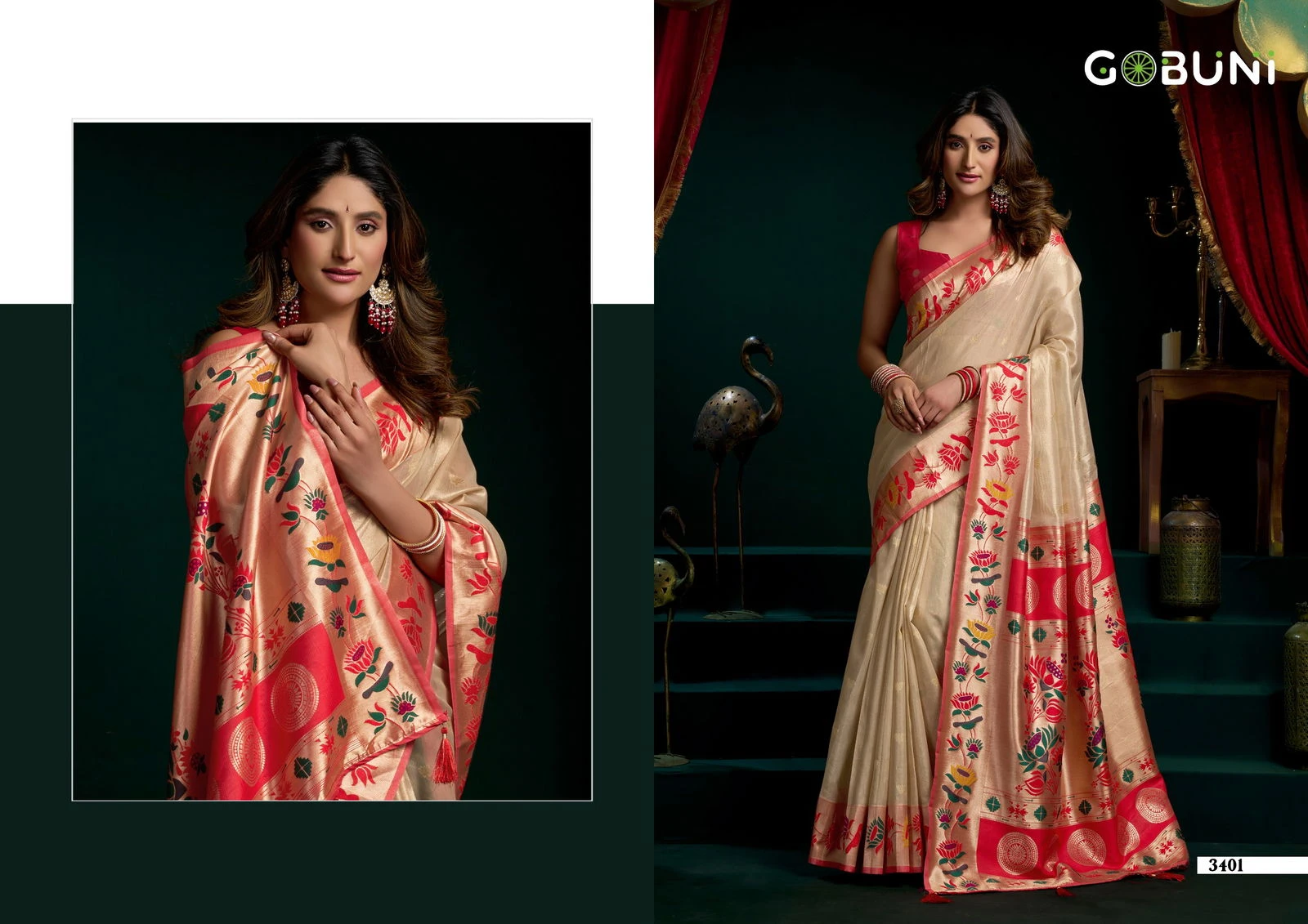 Gobuni Seerat Tissue Paithani with Lotus Zari Border Saree Collection