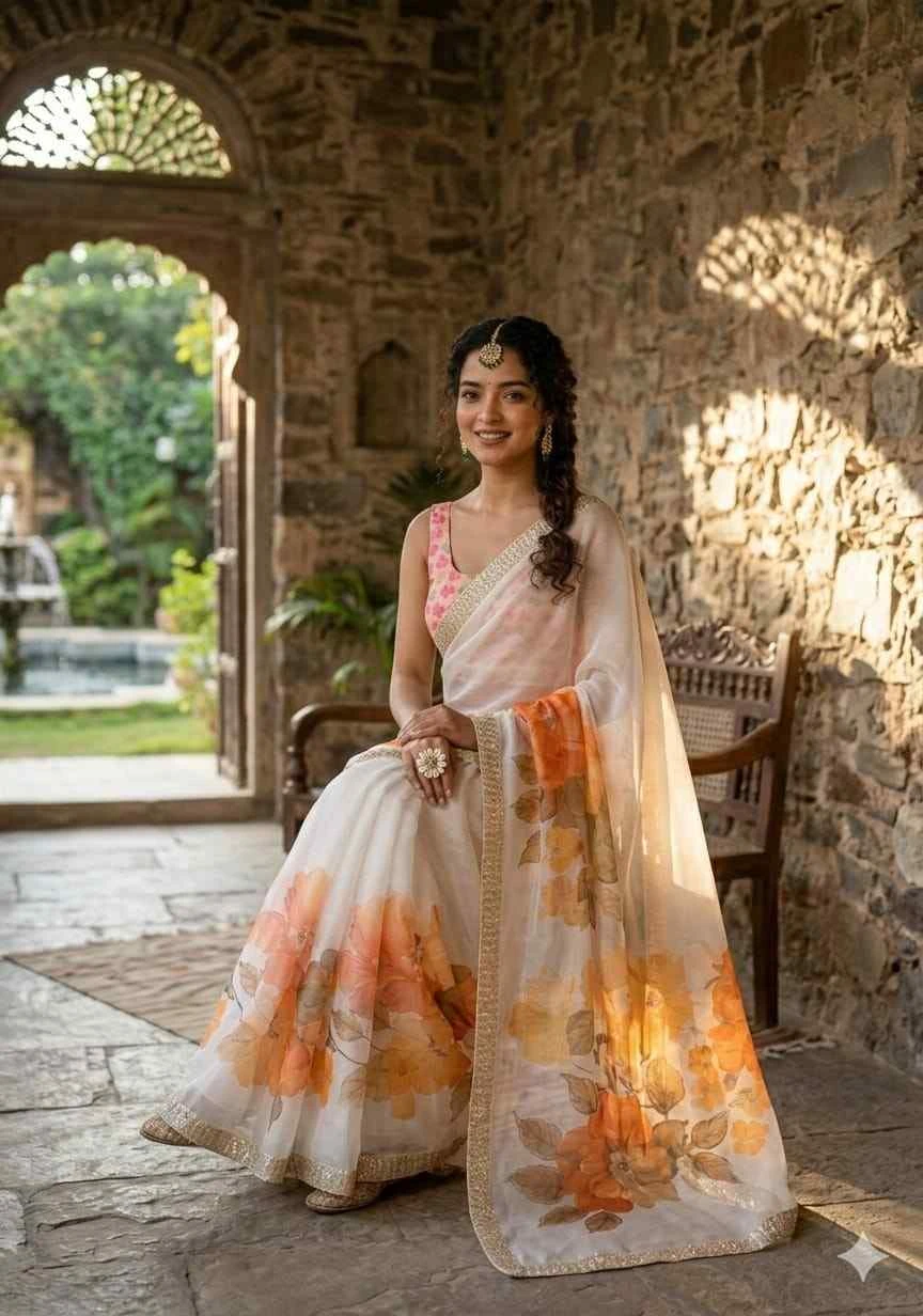 Kc 909 Satin Georgette with Hand Print Designer Saree