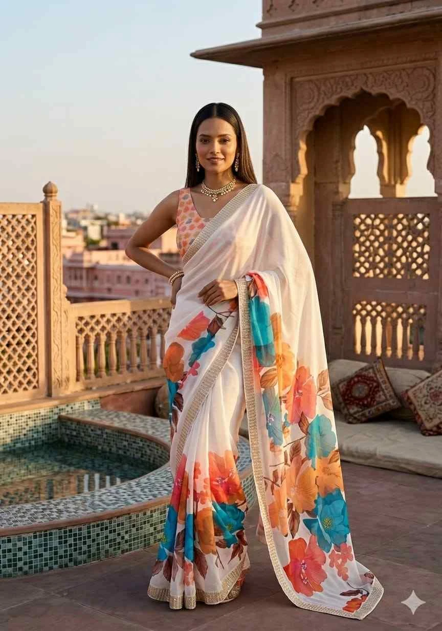 Kc 909 Satin Georgette with Hand Print Designer Saree