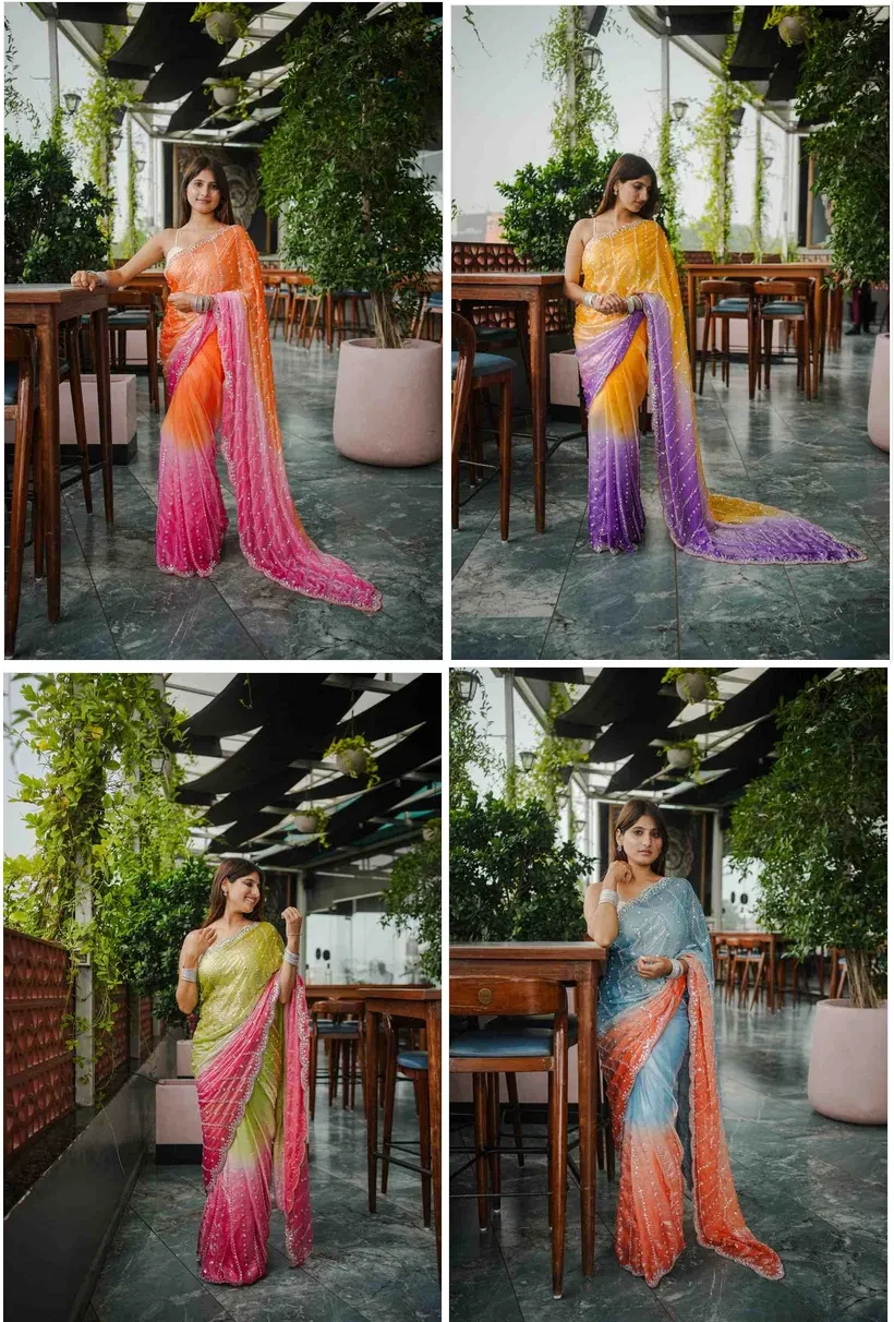 Kc 944 Space Silk Dual Shade Beeds Worked Designer Saree Collection