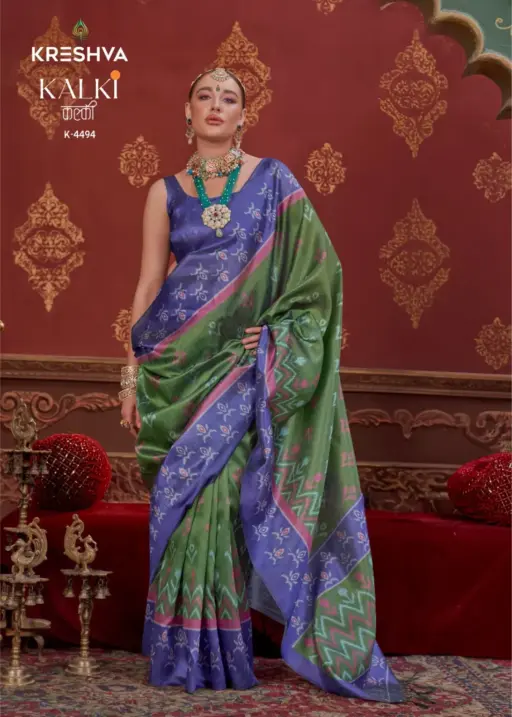 Kreshva Kalki Silk Ikkat Design with Hand Marmo Finish Saree Collection