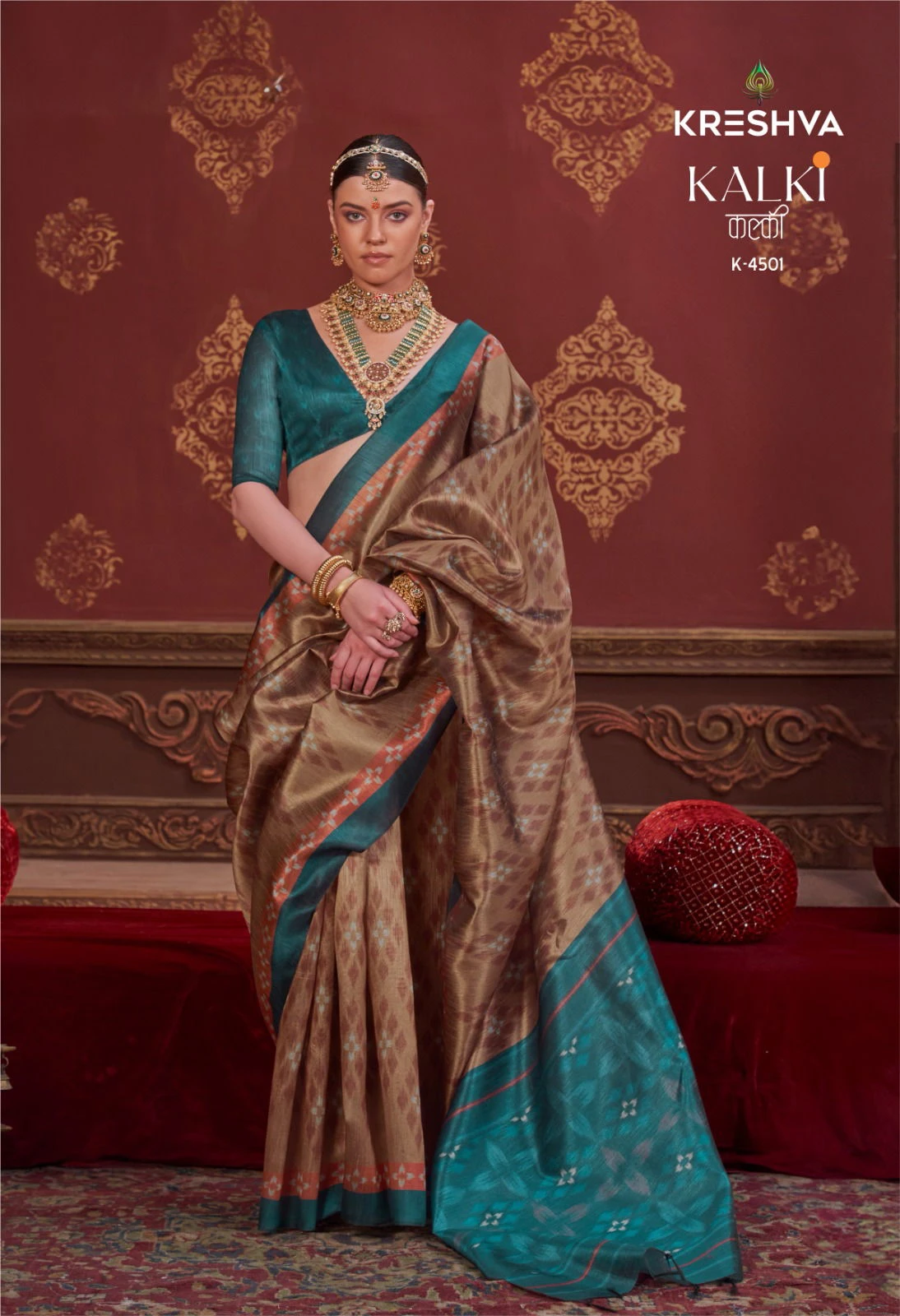 Kreshva Kalki Silk Ikkat Design with Hand Marmo Finish Saree Collection