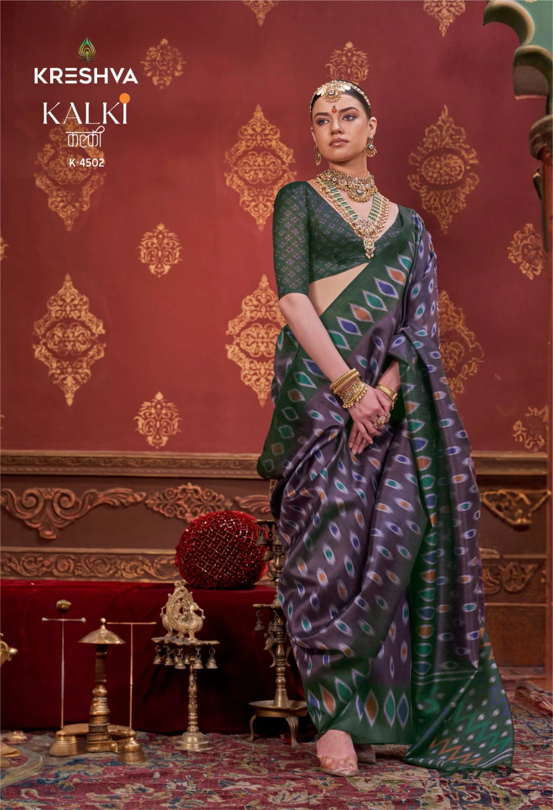 Kreshva Kalki Silk Ikkat Design with Hand Marmo Finish Saree Collection