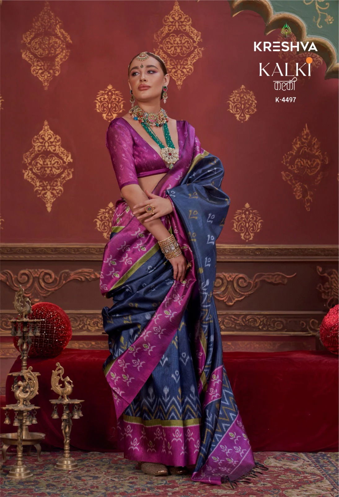 Kreshva Kalki Silk Ikkat Design with Hand Marmo Finish Saree Collection