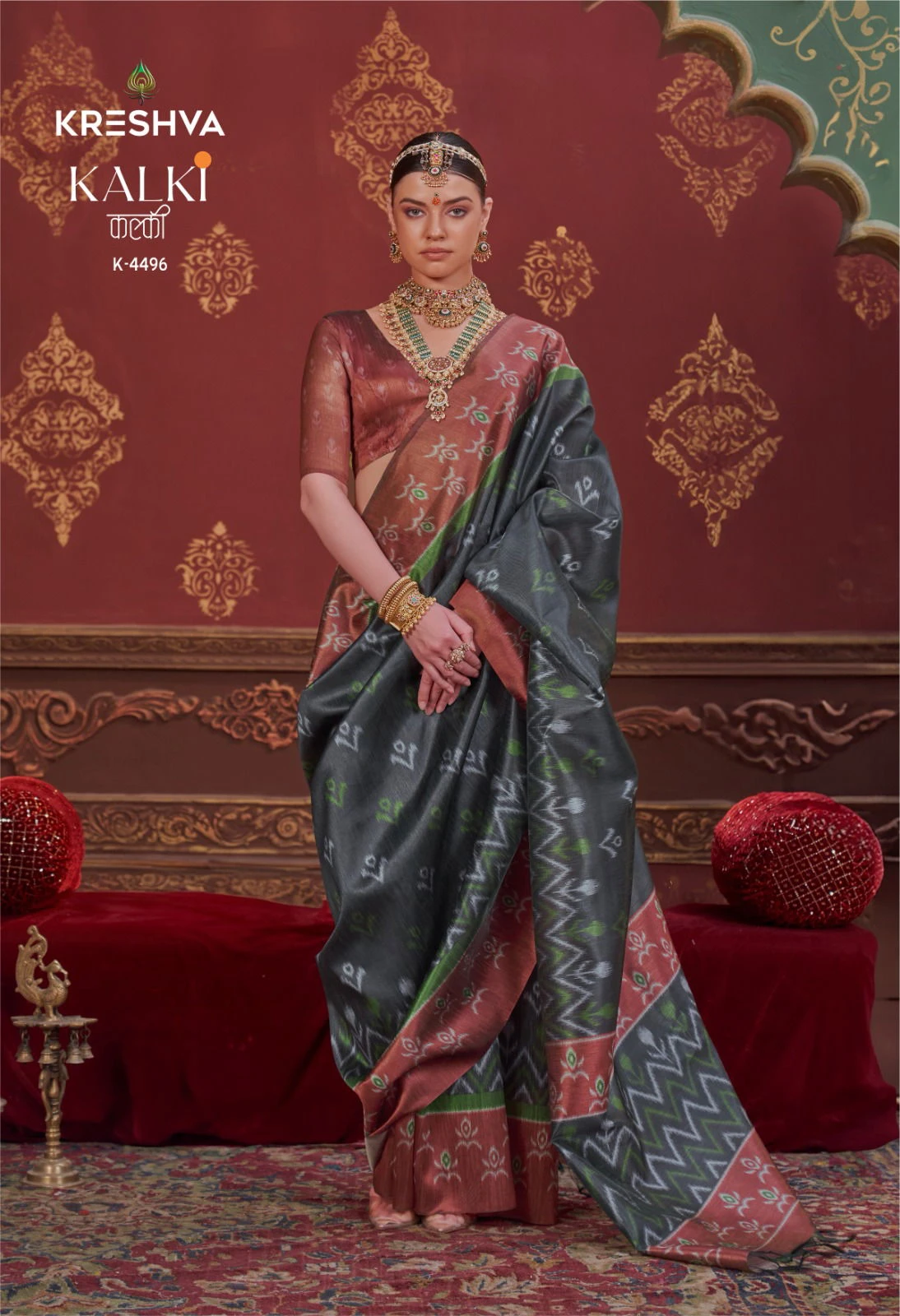 Kreshva Kalki Silk Ikkat Design with Hand Marmo Finish Saree Collection