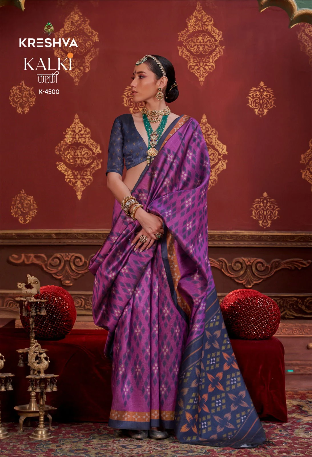 Kreshva Kalki Silk Ikkat Design with Hand Marmo Finish Saree Collection