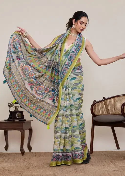 Maahi 216 Linen Printed with Zari Lace Saree Collection