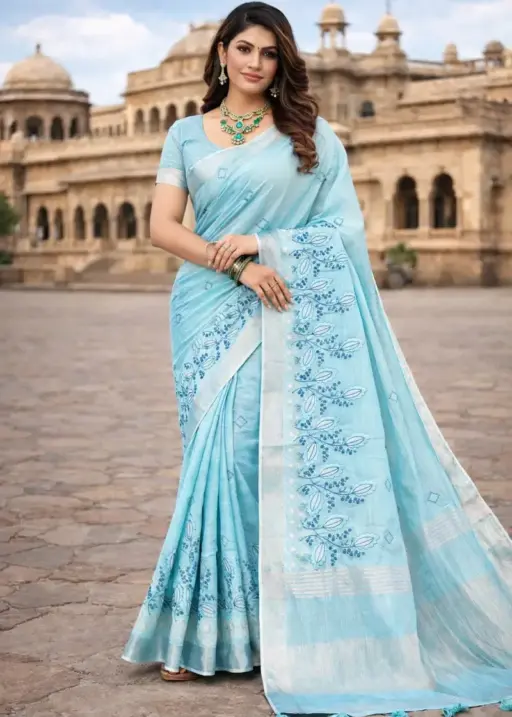 Mahek 217 Linen Cotton Embroidery Worked Fancy Saree Collection