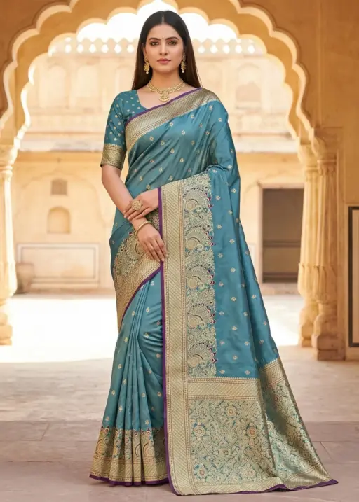 Mb 12 Satin Golden Butta Motifs Festival Saree Collection