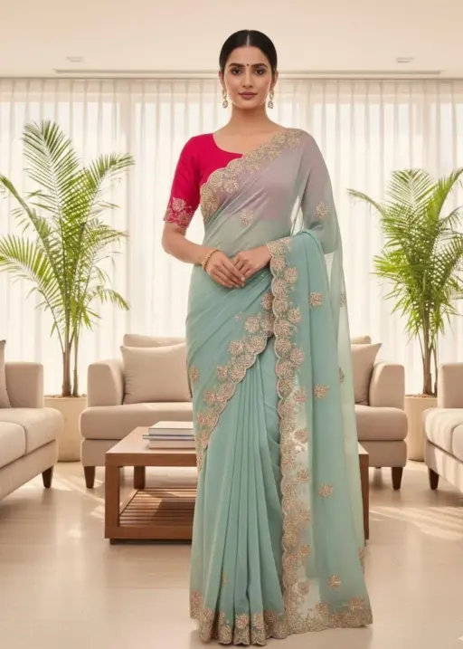 Vt 829 T Moss Chiffon Multi Thread Worked Fancy Saree Collection